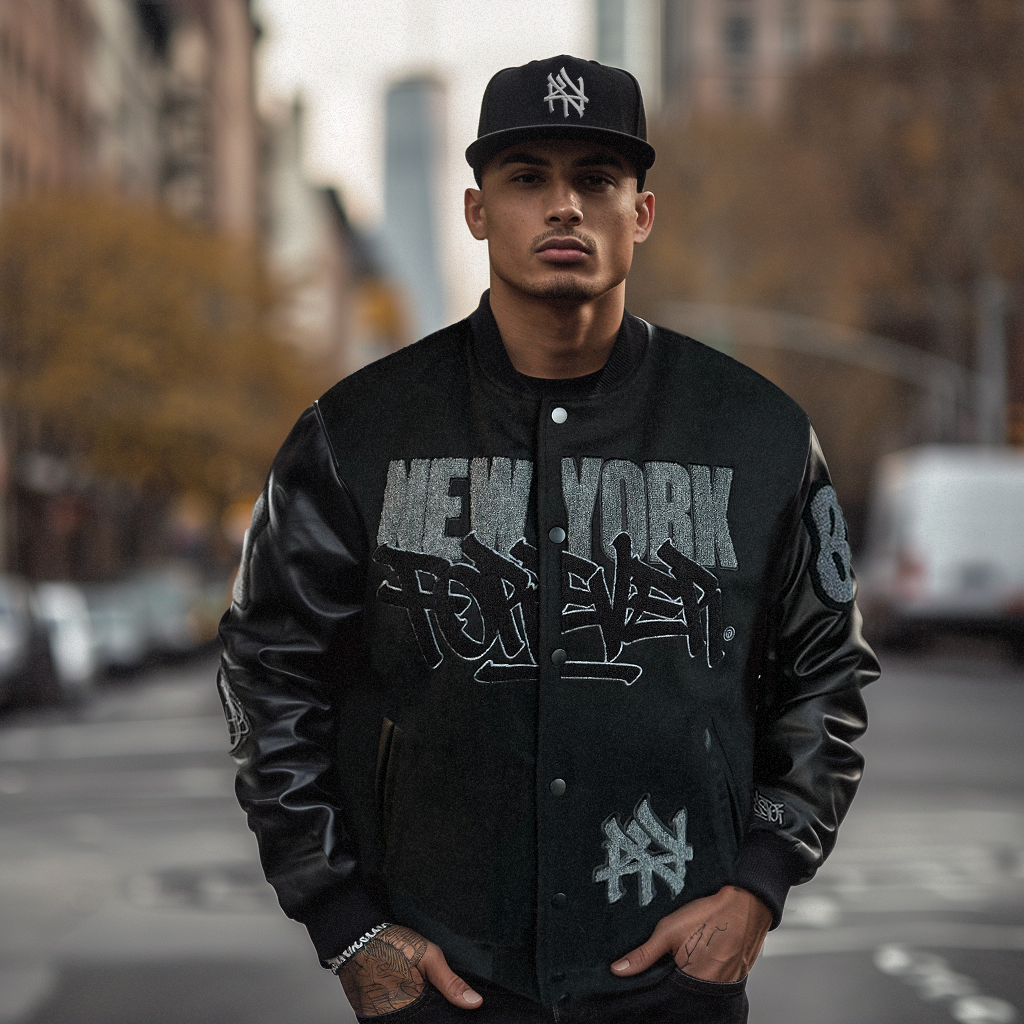 New York Forever - Black Varsity Leather Jacket