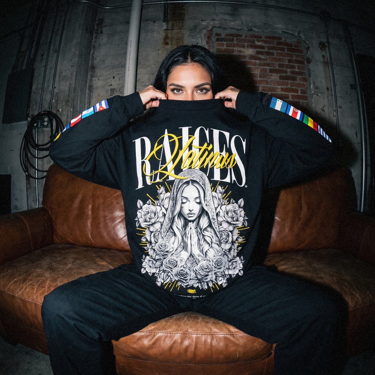 Raices Latinas - Black Heavyweight Flags Long Sleeve Shirt