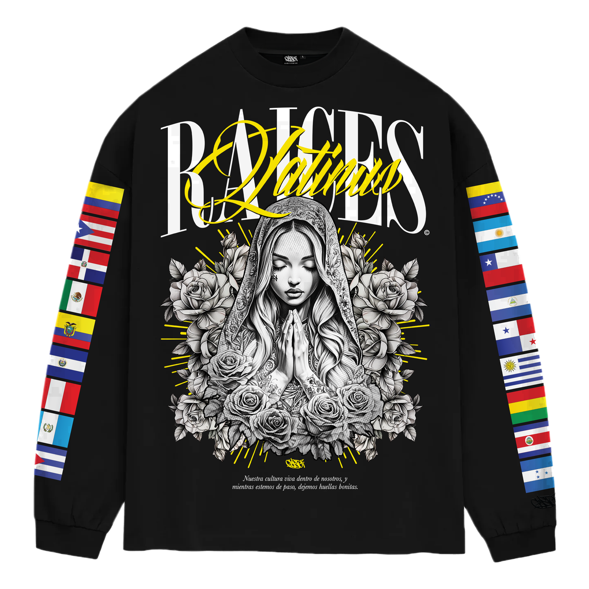 Raices Latinas - Black Heavyweight Flags Long Sleeve Shirt