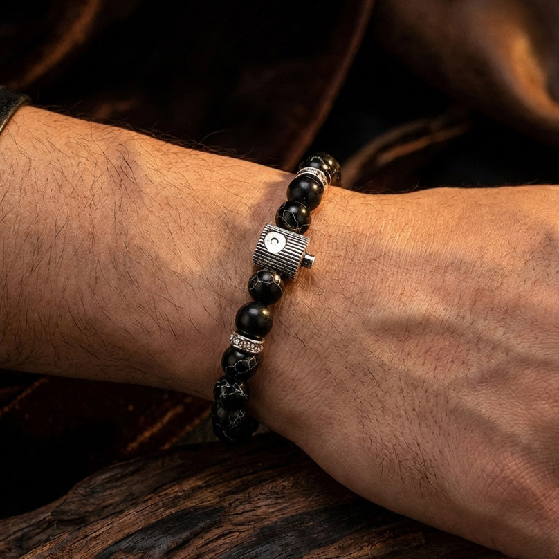 NY Fat Cap Beaded Bracelet - Black and Silver